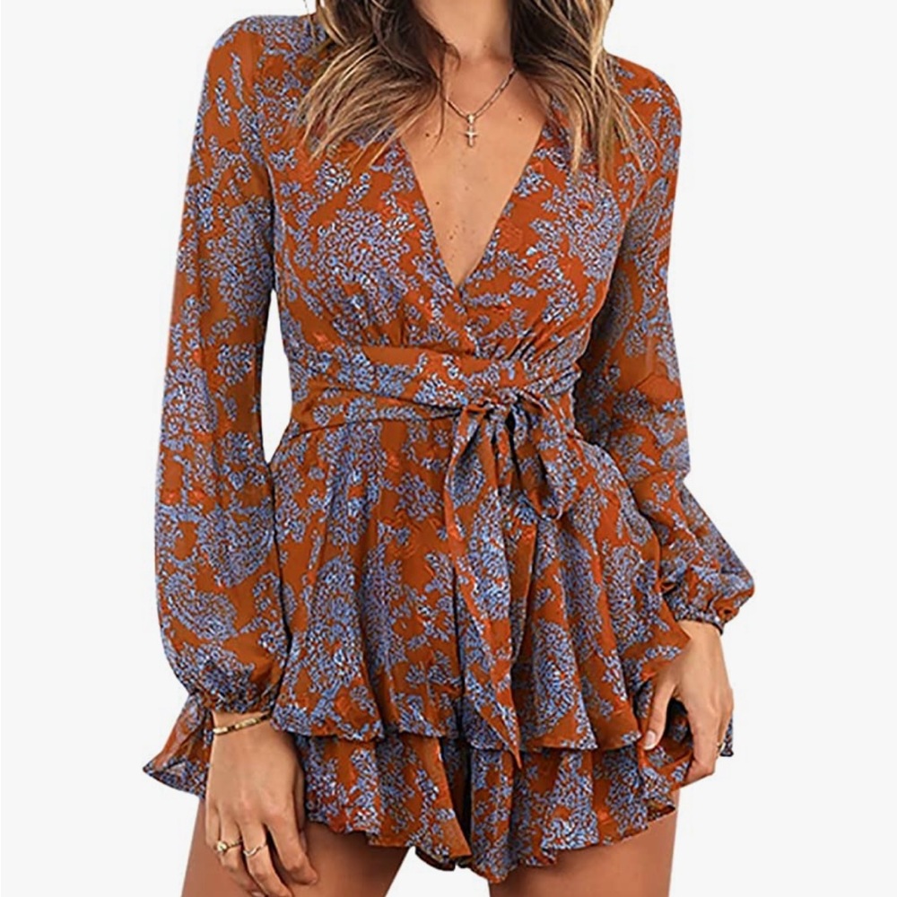 Deep V-Neck Floral Print Long Sleeve Romper with Double Layer Ruffle and Belt